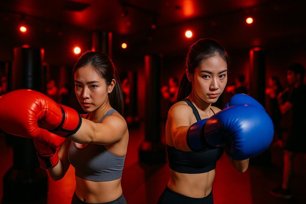 alt="赤青グローブの女性2人が札幌FANTREPOT暗闇ボクシングクラスで力強くパンチ、続く運動習慣を体感"