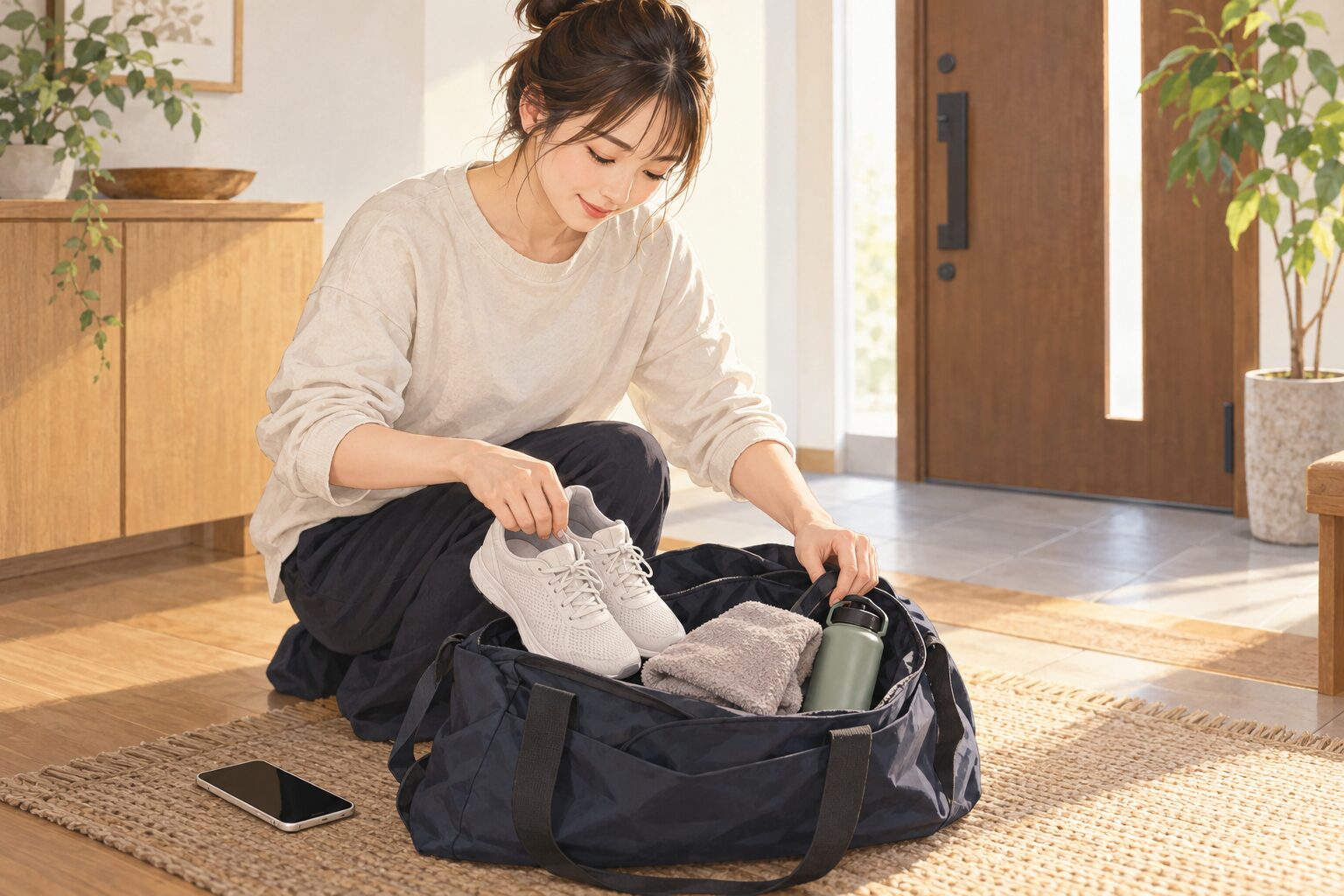 初めての体験に向けてシューズやタオルを準備するイメージ